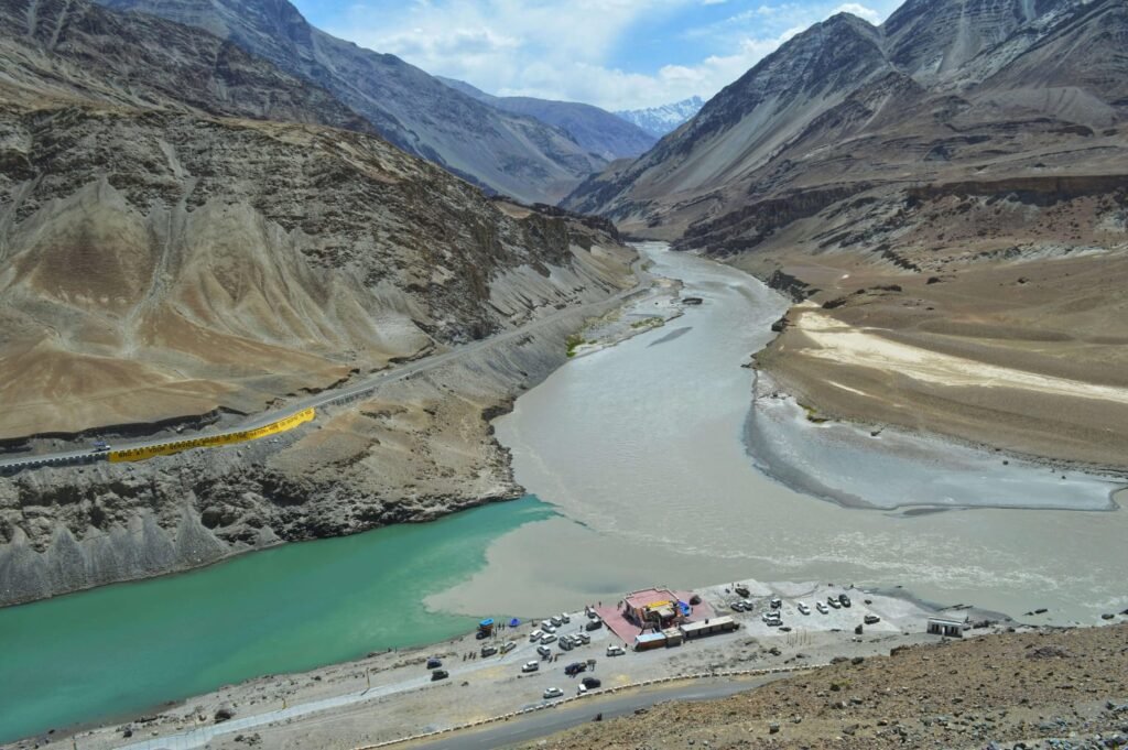 Aerial View of Indus River between mountains.