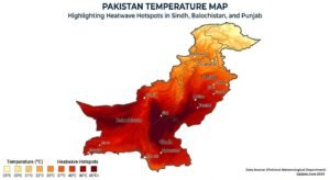 Temperature map of Pakistan highlighting heatwave hotspots in Sindh, Balochistan, and Punjab