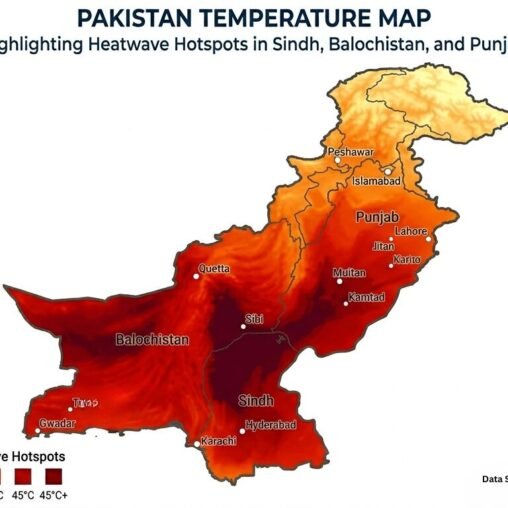 Temperature map of Pakistan highlighting heatwave hotspots in Sindh, Balochistan, and Punjab