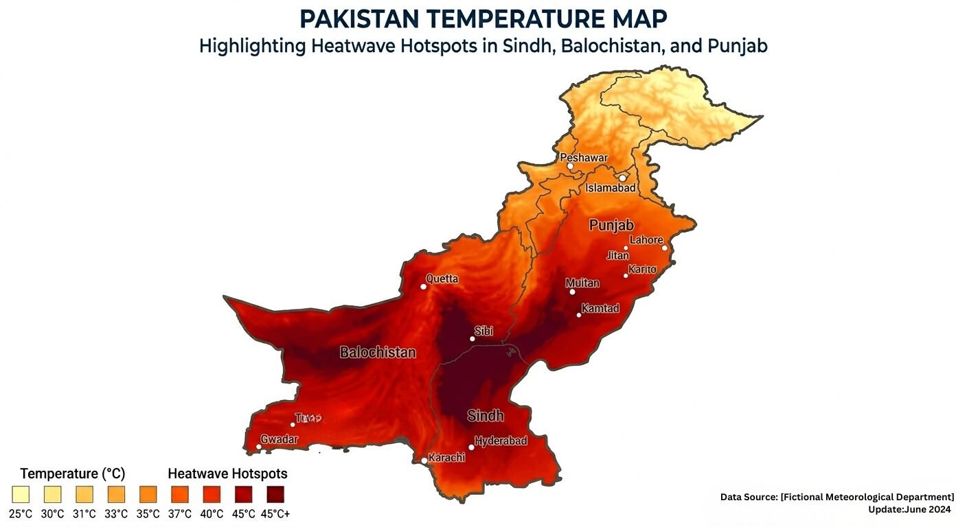 Temperature map of Pakistan highlighting heatwave hotspots in Sindh, Balochistan, and Punjab
